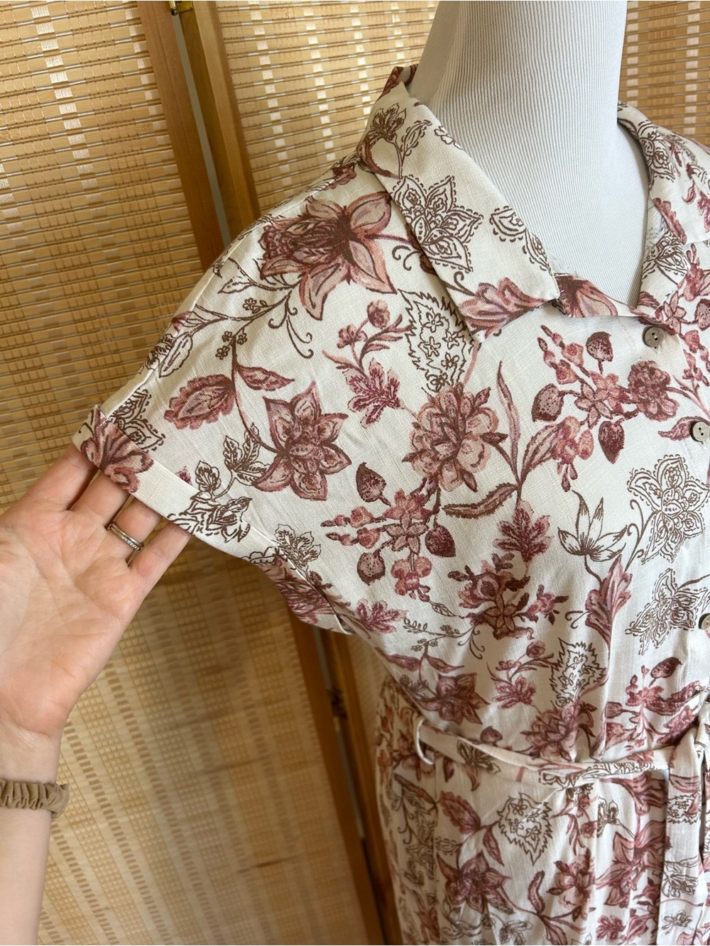 NWT Lucky Brand Floral Button-Front Midi Dress in Cream and Brown - Picture 2 of 10